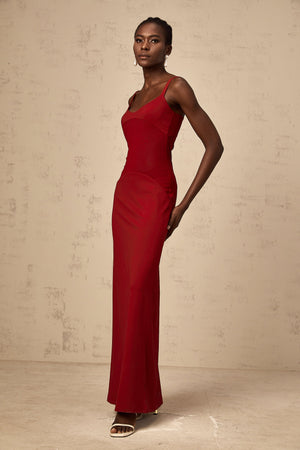 Aurohaya Céline red semi-sheer tulle-panel maxi dress