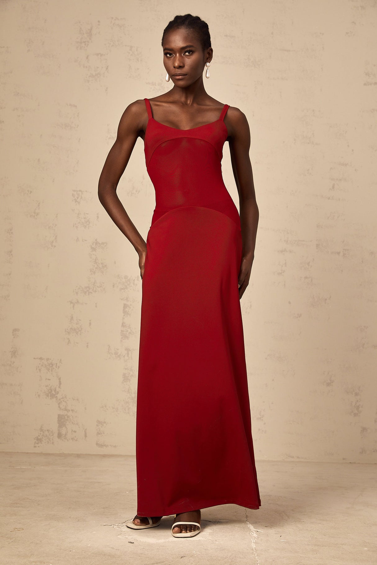 Aurohaya Céline red semi-sheer tulle-panel maxi dress
