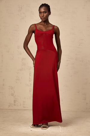 Aurohaya Céline red semi-sheer tulle-panel maxi dress