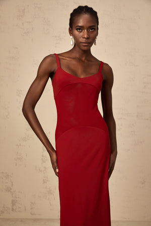 Aurohaya Céline red semi-sheer tulle-panel maxi dress
