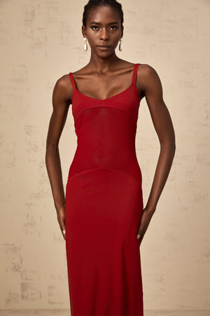 Aurohaya Céline red semi-sheer tulle-panel maxi dress