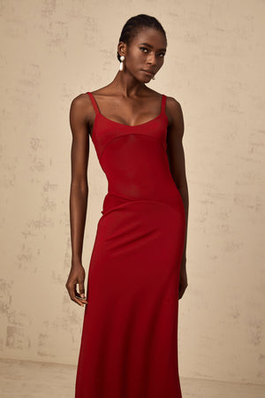 Aurohaya Céline red semi-sheer tulle-panel maxi dress