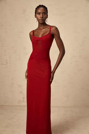 Aurohaya Céline red semi-sheer tulle-panel maxi dress