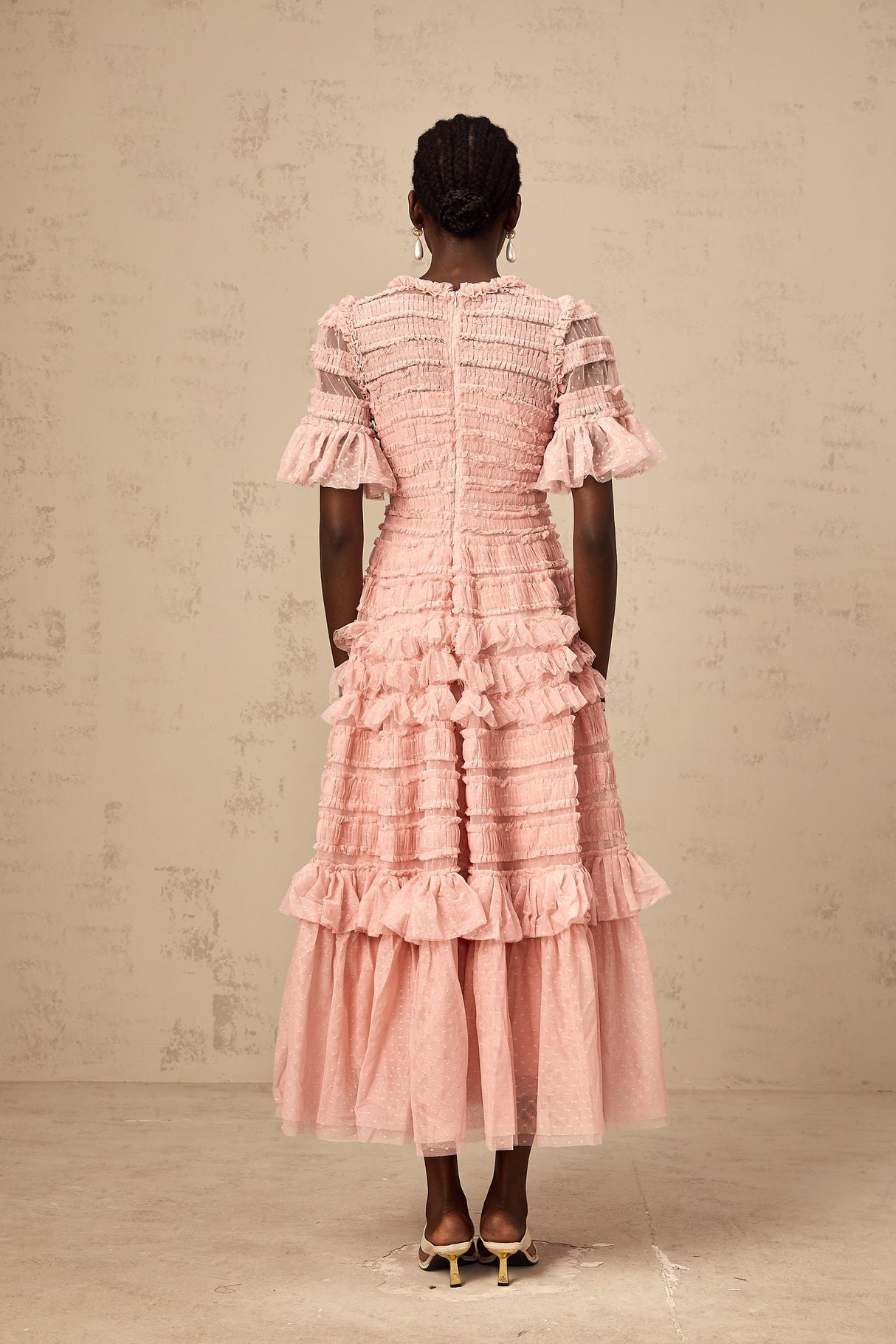 Aurohaya Aimée pink dot-detail ruffled tulle midi dress
