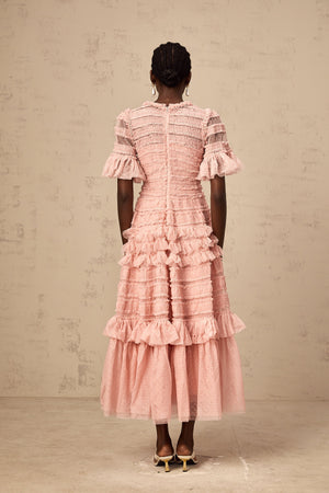 Aurohaya Aimée pink dot-detail ruffled tulle midi dress
