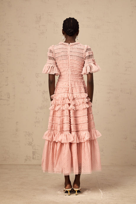 Aurohaya Aimée pink dot-detail ruffled tulle midi dress