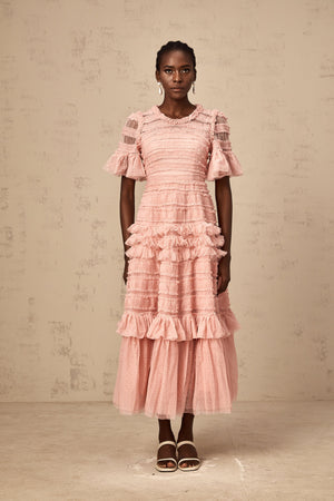 Aurohaya Aimée pink dot-detail ruffled tulle midi dress