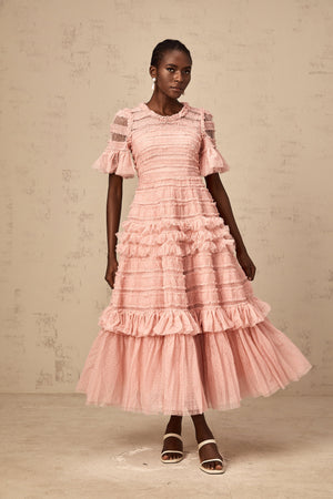 Aurohaya Aimée pink dot-detail ruffled tulle midi dress