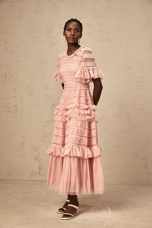 Aurohaya Aimée pink dot-detail ruffled tulle midi dress
