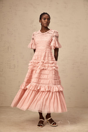 Aurohaya Aimée pink dot-detail ruffled tulle midi dress