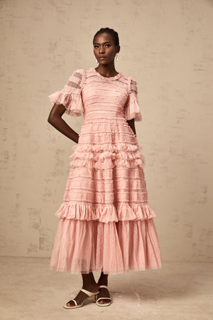 Aurohaya Aimée pink dot-detail ruffled tulle midi dress