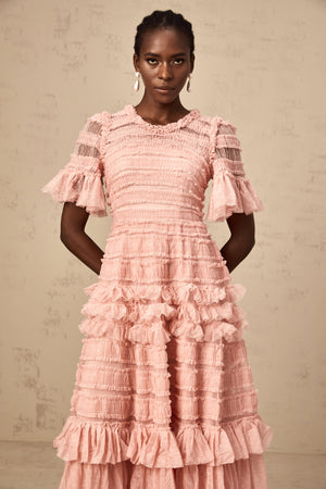 Aurohaya Aimée pink dot-detail ruffled tulle midi dress