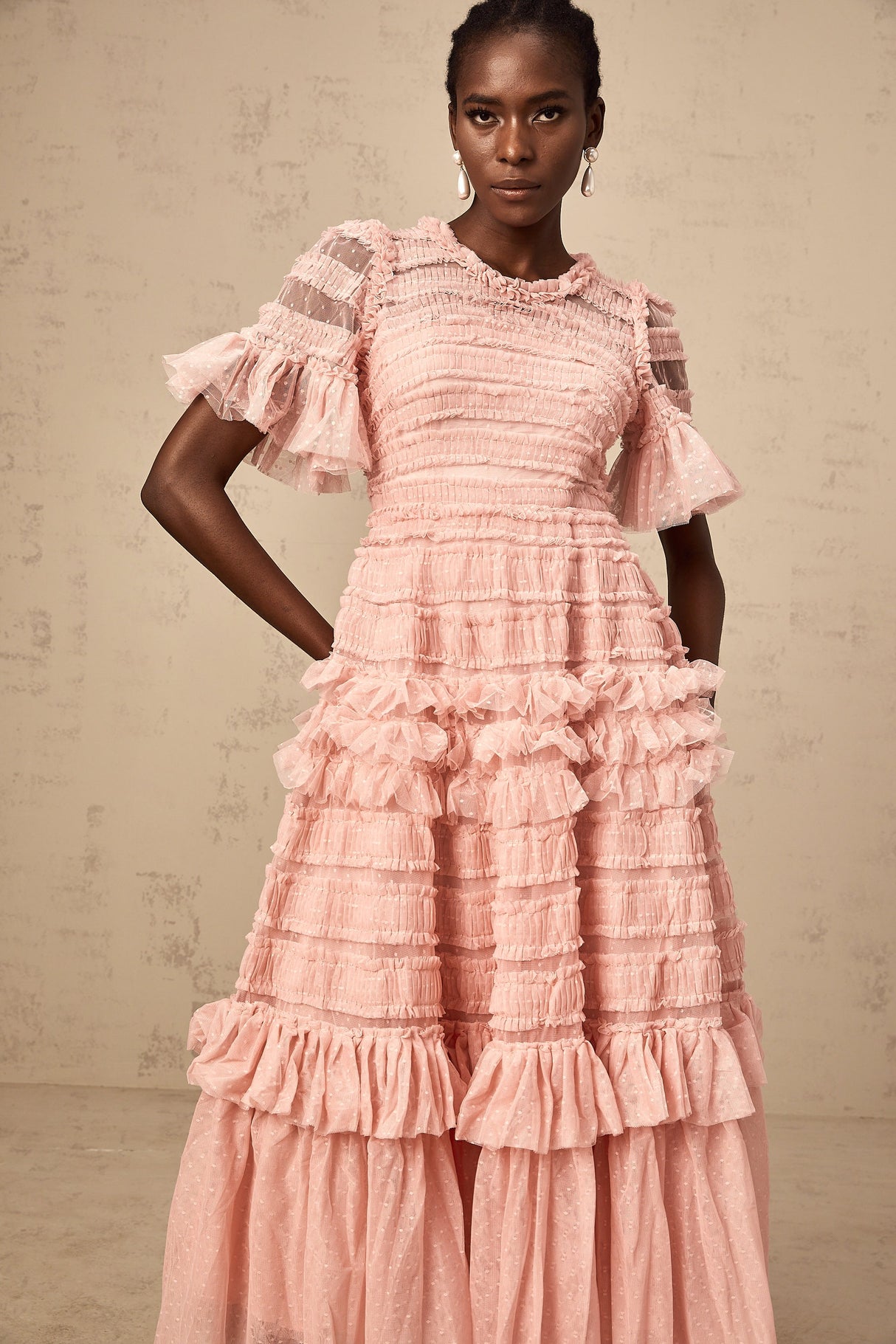 Aurohaya Aimée pink dot-detail ruffled tulle midi dress