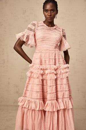 Aurohaya Aimée pink dot-detail ruffled tulle midi dress