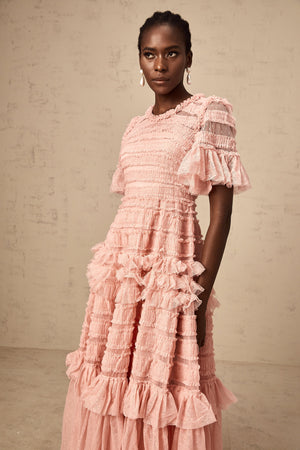 Aurohaya Aimée pink dot-detail ruffled tulle midi dress
