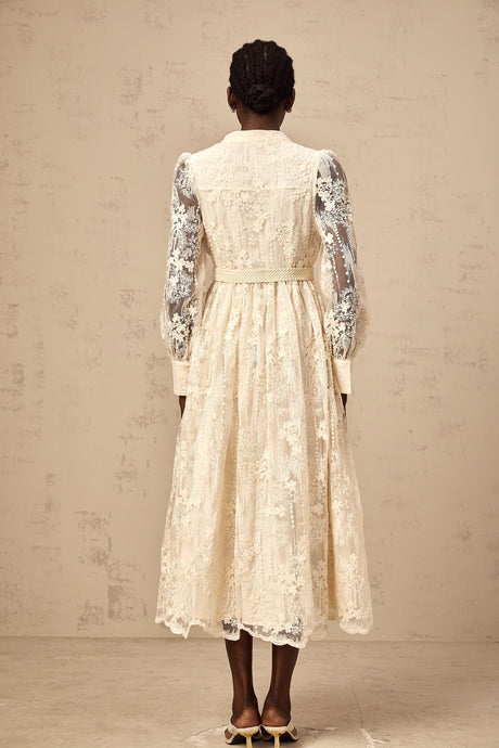 Aurohaya Roxane neutrals lace-embroidered midi dress