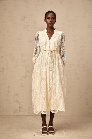 Aurohaya Roxane neutrals lace-embroidered midi dress