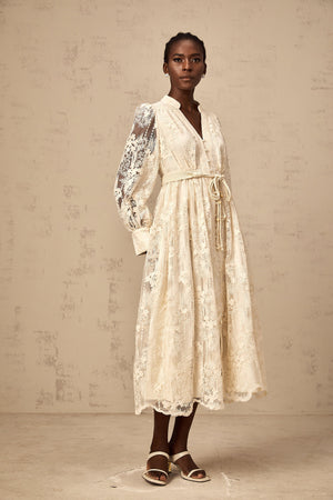 Aurohaya Roxane neutrals lace-embroidered midi dress