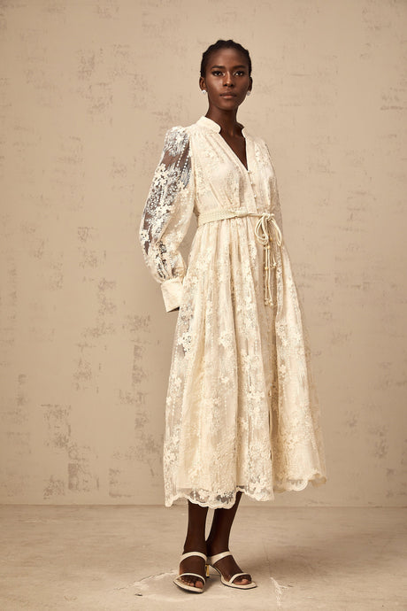 Aurohaya Roxane neutrals lace-embroidered midi dress