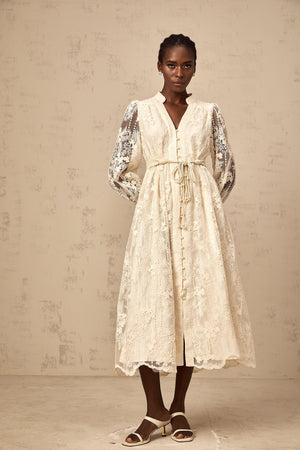 Aurohaya Roxane neutrals lace-embroidered midi dress