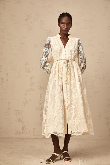Aurohaya Roxane neutrals lace-embroidered midi dress