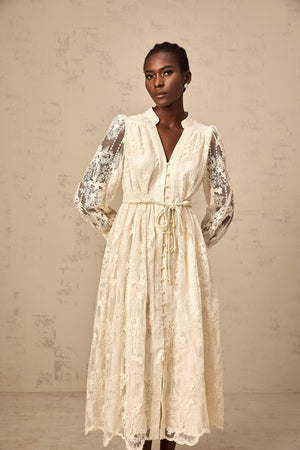 Aurohaya Roxane neutrals lace-embroidered midi dress
