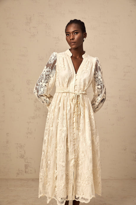 Aurohaya Roxane neutrals lace-embroidered midi dress