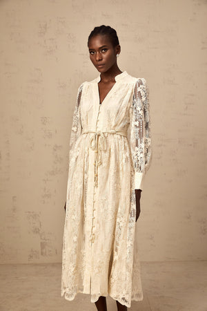Aurohaya Roxane neutrals lace-embroidered midi dress