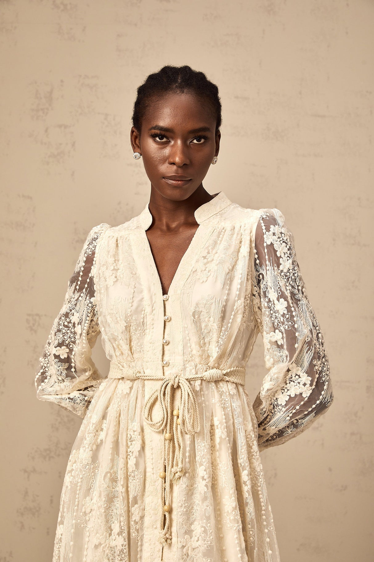 Aurohaya Roxane neutrals lace-embroidered midi dress