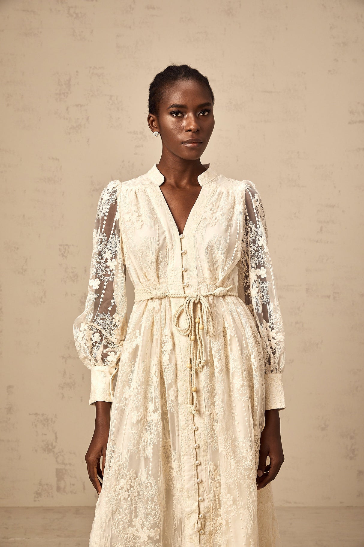 Aurohaya Roxane neutrals lace-embroidered midi dress