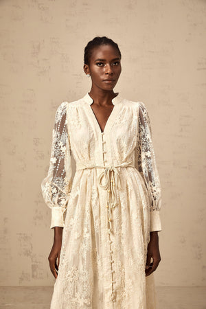 Aurohaya Roxane neutrals lace-embroidered midi dress