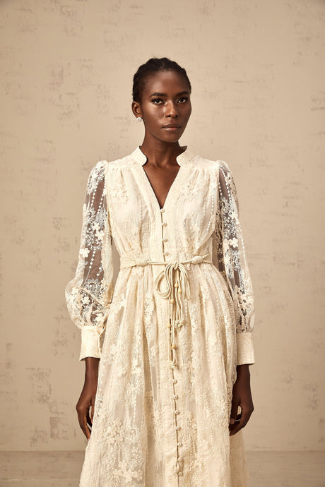 Aurohaya Roxane neutrals lace-embroidered midi dress