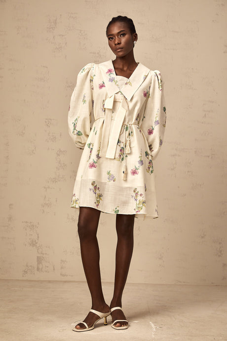 Aurohaya Perrine neutrals bowknot floral-print mini dress