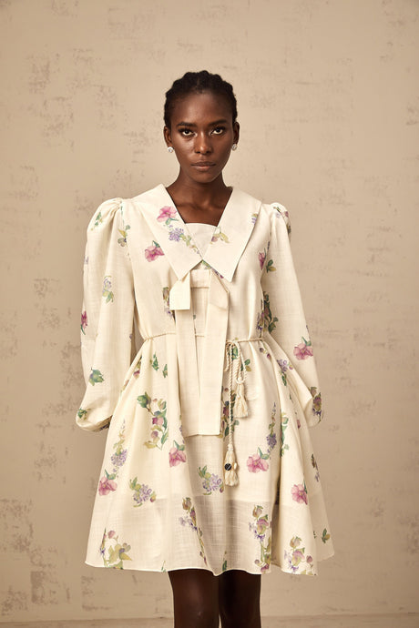 Aurohaya Perrine neutrals bowknot floral-print mini dress