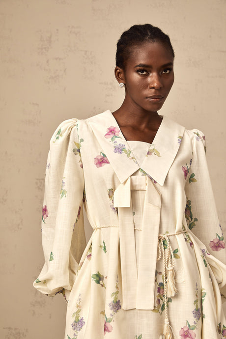Aurohaya Perrine neutrals bowknot floral-print mini dress