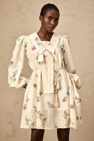 Aurohaya Perrine neutrals bowknot floral-print mini dress