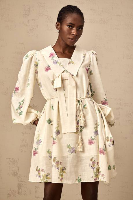 Aurohaya Perrine neutrals bowknot floral-print mini dress