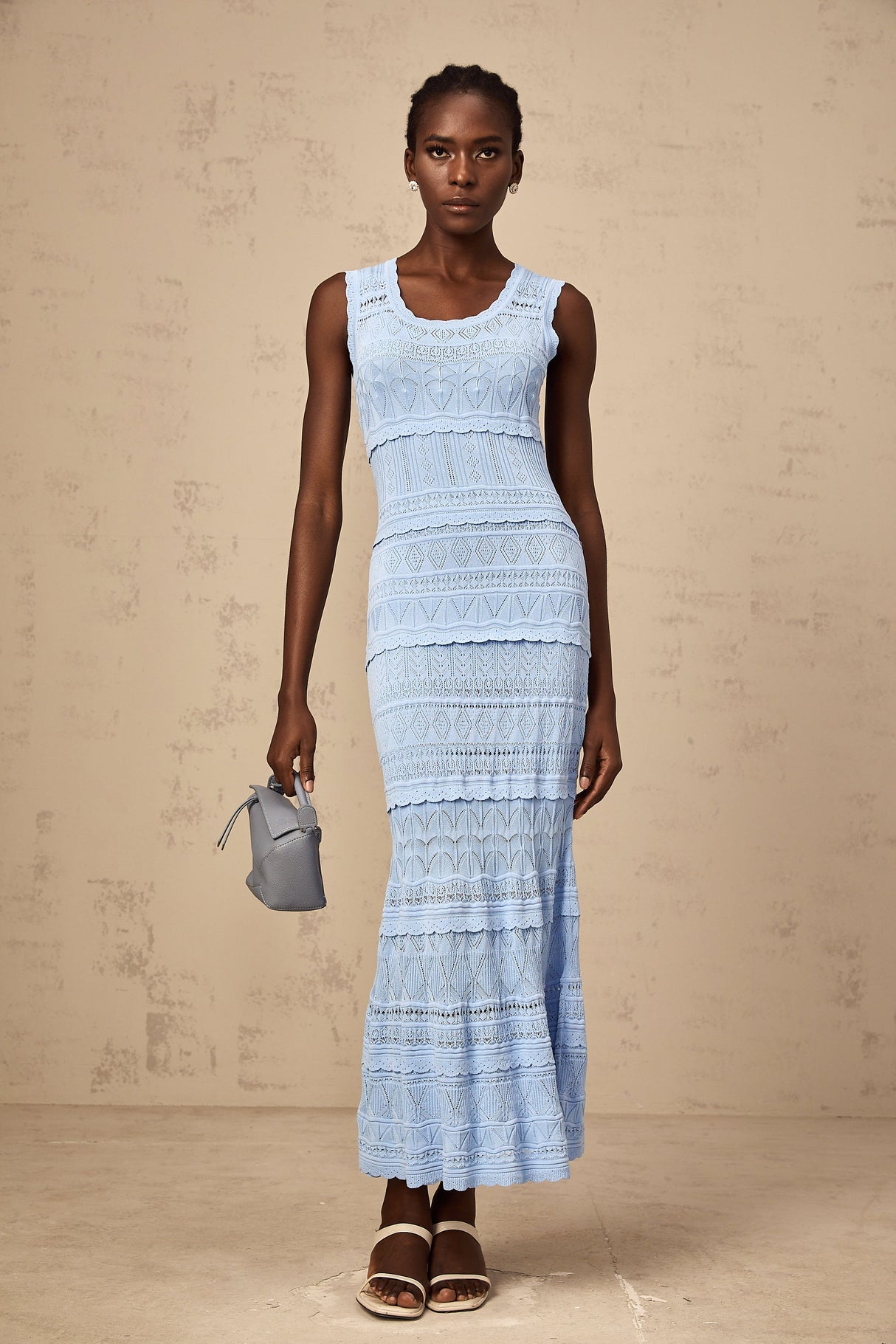 Aurohaya Mailys blue ruffled-trim crochet-knit midi dress