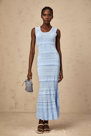 Aurohaya Mailys blue ruffled-trim crochet-knit midi dress