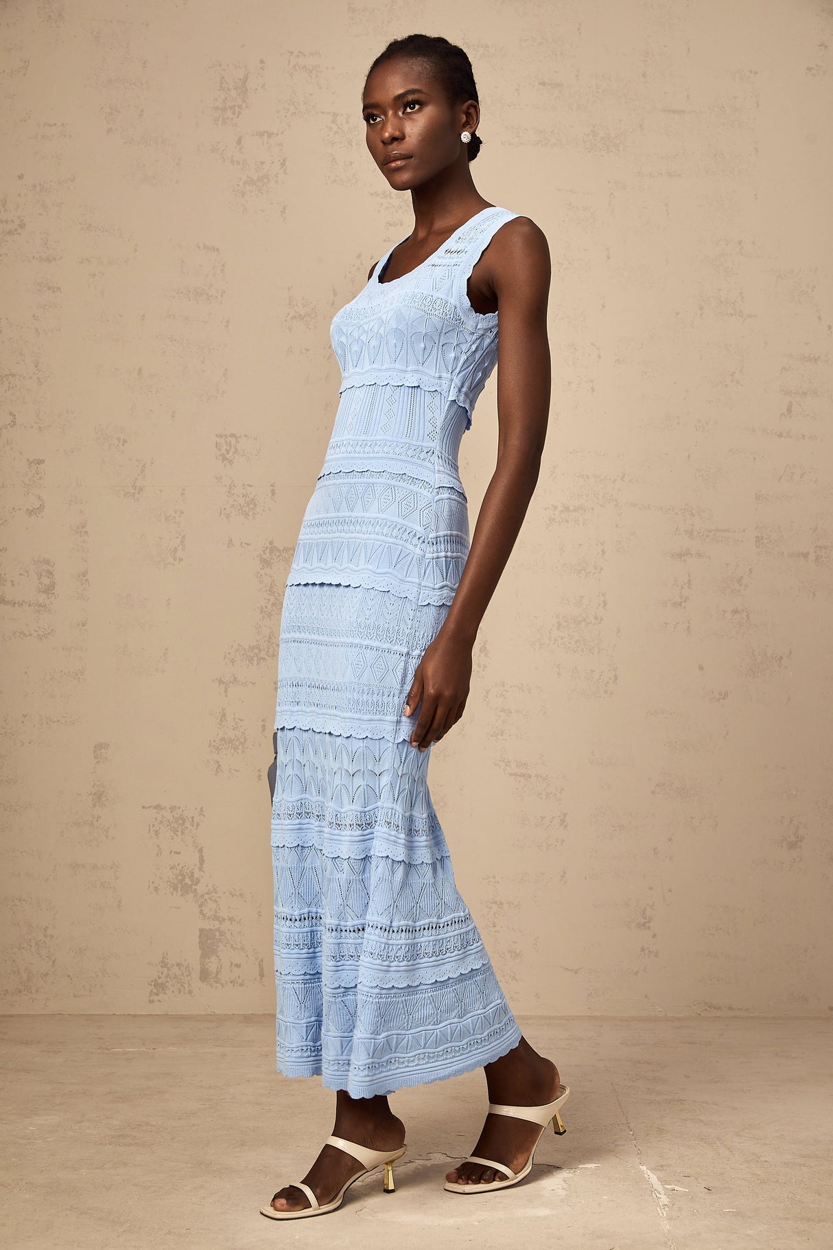 Aurohaya Mailys blue ruffled-trim crochet-knit midi dress