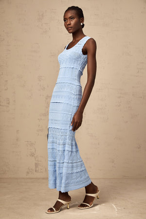 Aurohaya Mailys blue ruffled-trim crochet-knit midi dress