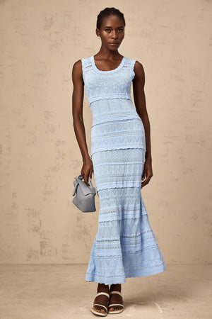 Aurohaya Mailys blue ruffled-trim crochet-knit midi dress
