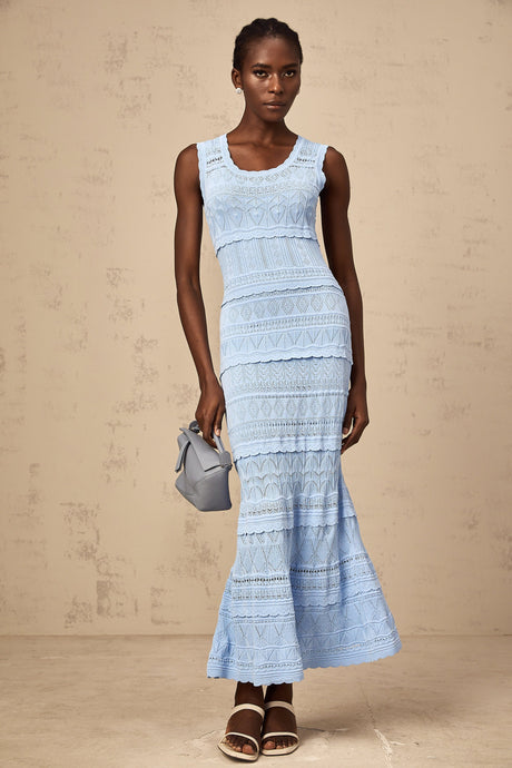 Aurohaya Mailys blue ruffled-trim crochet-knit midi dress