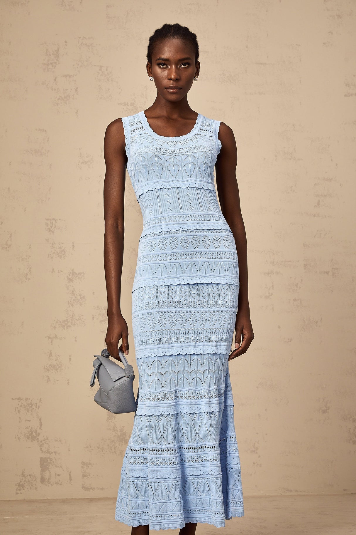 Aurohaya Mailys blue ruffled-trim crochet-knit midi dress