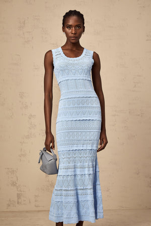 Aurohaya Mailys blue ruffled-trim crochet-knit midi dress