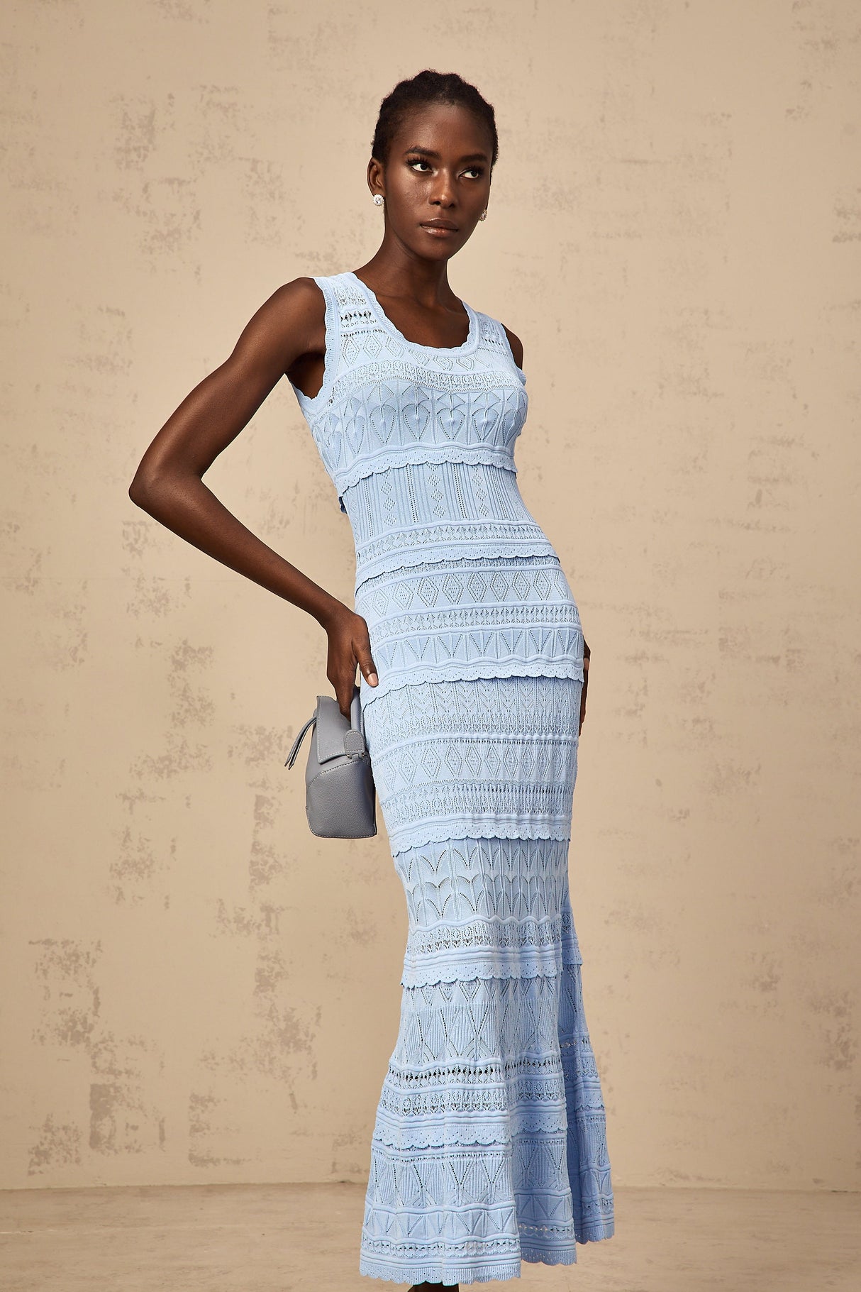 Aurohaya Mailys blue ruffled-trim crochet-knit midi dress