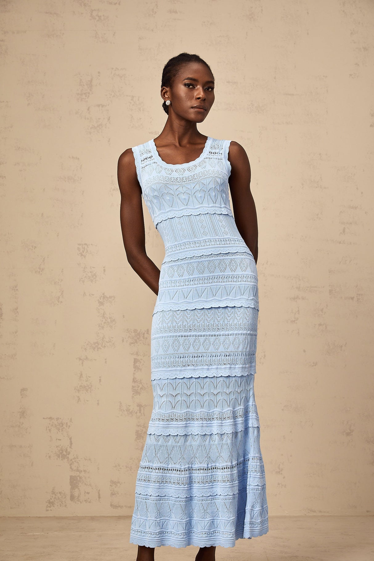Aurohaya Mailys blue ruffled-trim crochet-knit midi dress