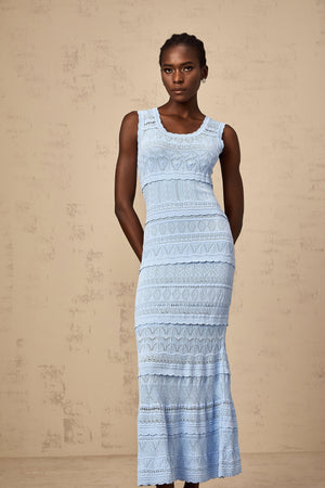Aurohaya Mailys blue ruffled-trim crochet-knit midi dress