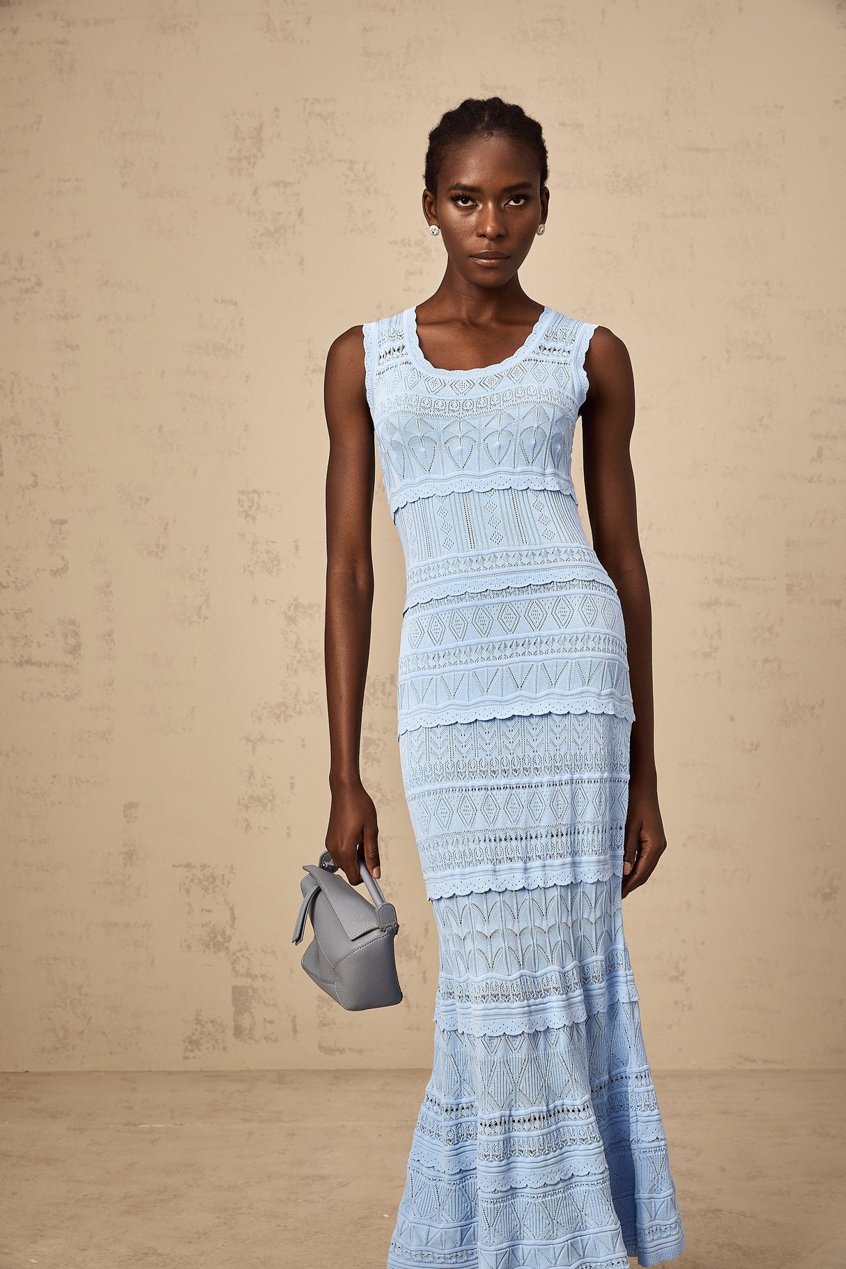 Aurohaya Mailys blue ruffled-trim crochet-knit midi dress