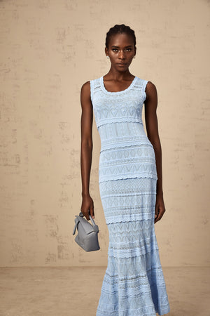 Aurohaya Mailys blue ruffled-trim crochet-knit midi dress